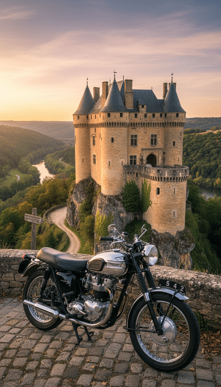 Moto classique garée près d'un château médiéval en Dordogne