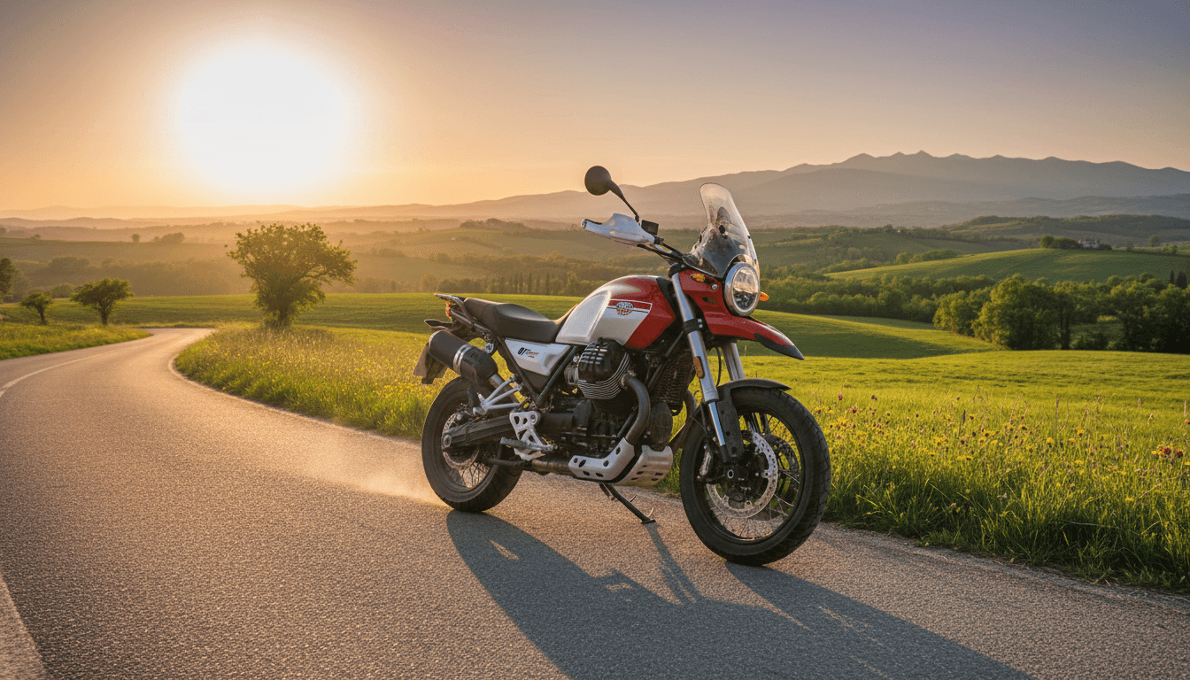 Moto Guzzi V85 TT sur une route de campagne en Dordogne