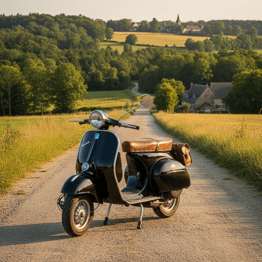 Moto Royal Enfield Bear 650 noire avec fourche dorée stationnée sur un chemin de terre.