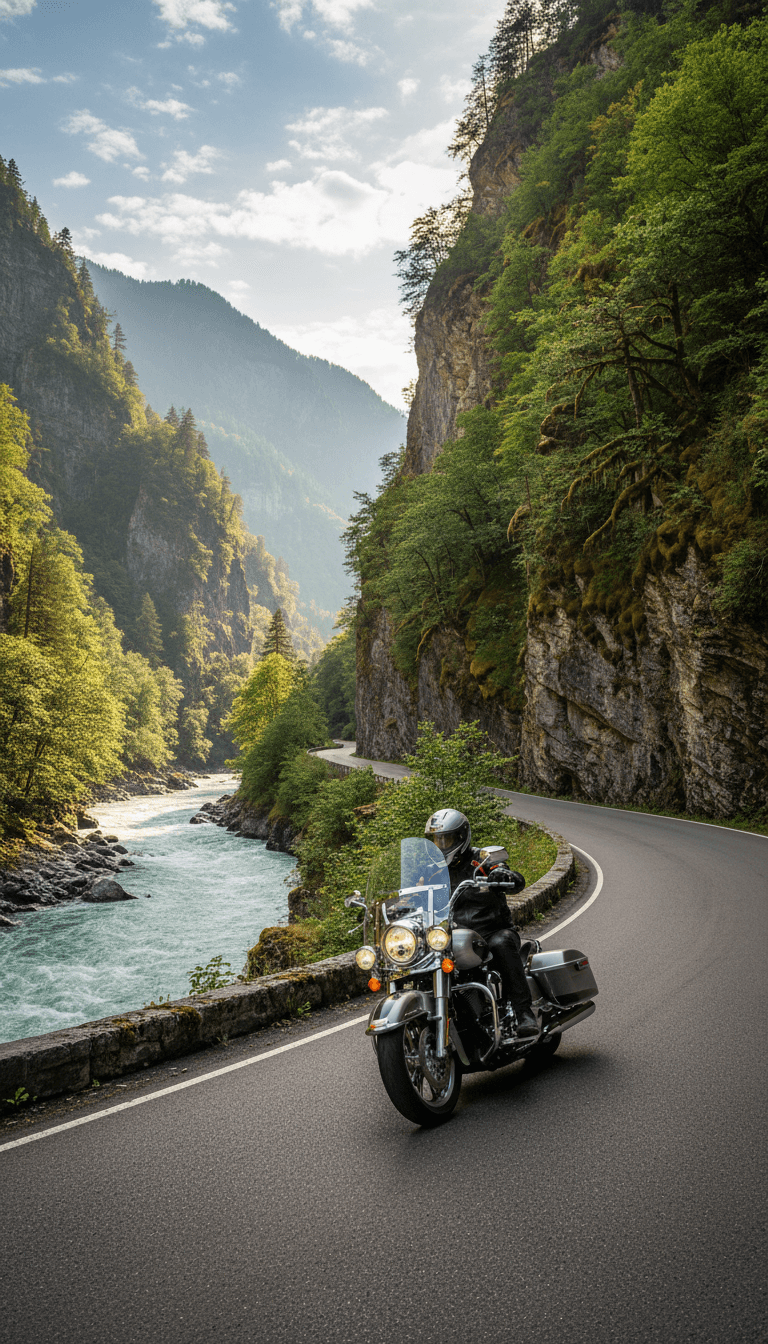 Motocycliste roulant le long d'une route de vallée avec falaises et verdure