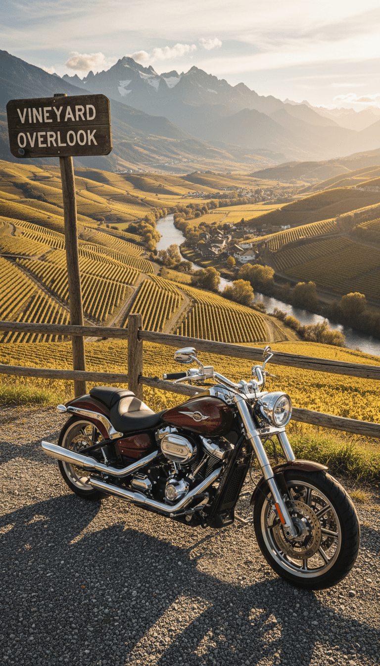 Moto garée à un point de vue panoramique sur une vallée viticole
