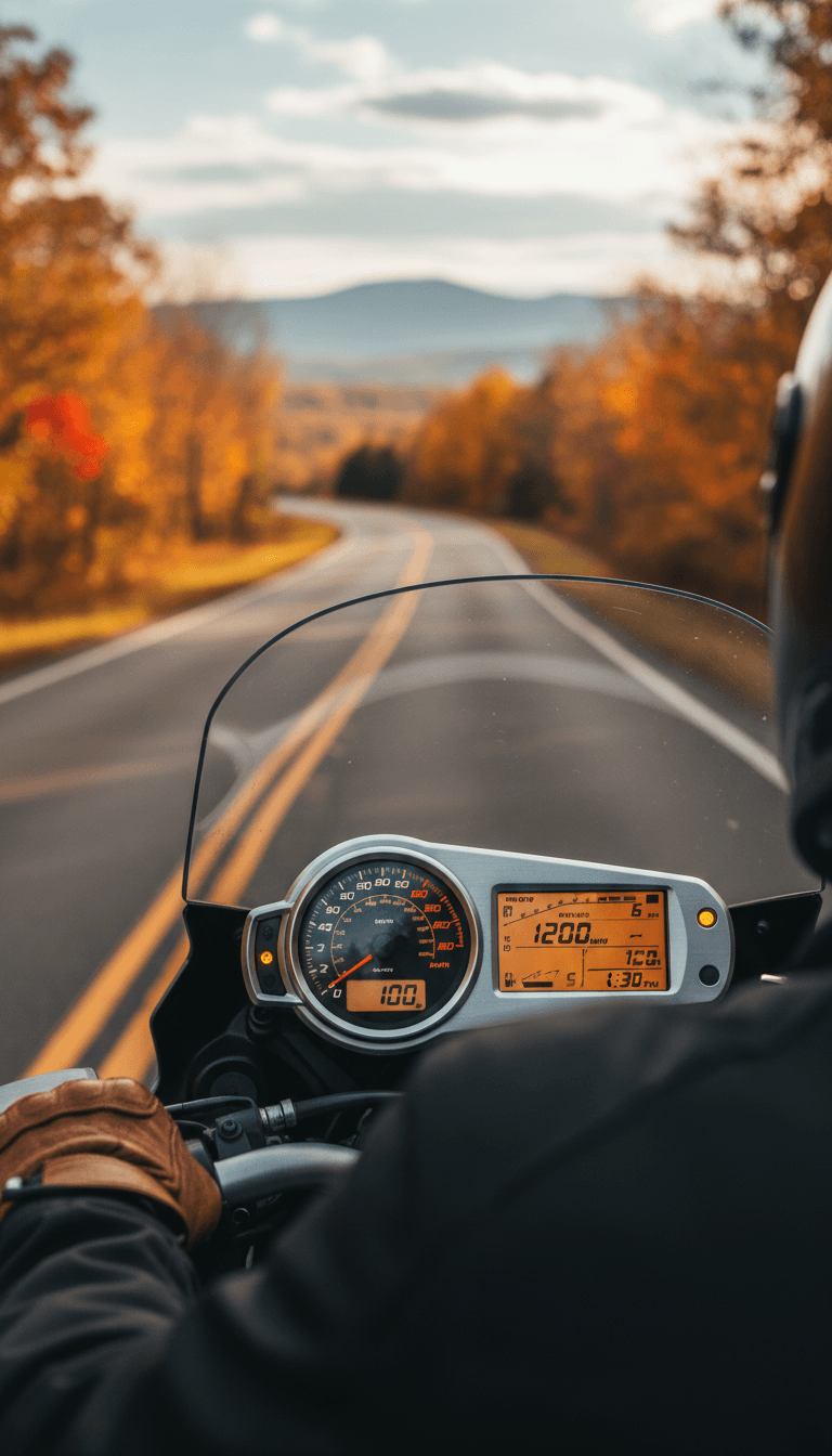 Gros plan sur le tableau de bord d'une moto et équipement du pilote devant un paysage automnal