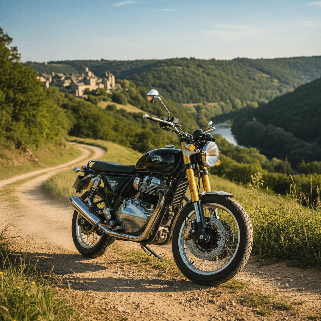 Moto Royal Enfield Bear 650 noire avec fourche dorée stationnée sur un chemin de terre.