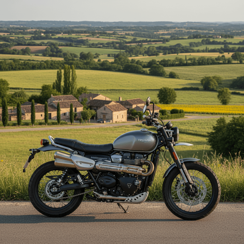 Triumph Street Scrambler 900 on a scenic country road in the French countryside