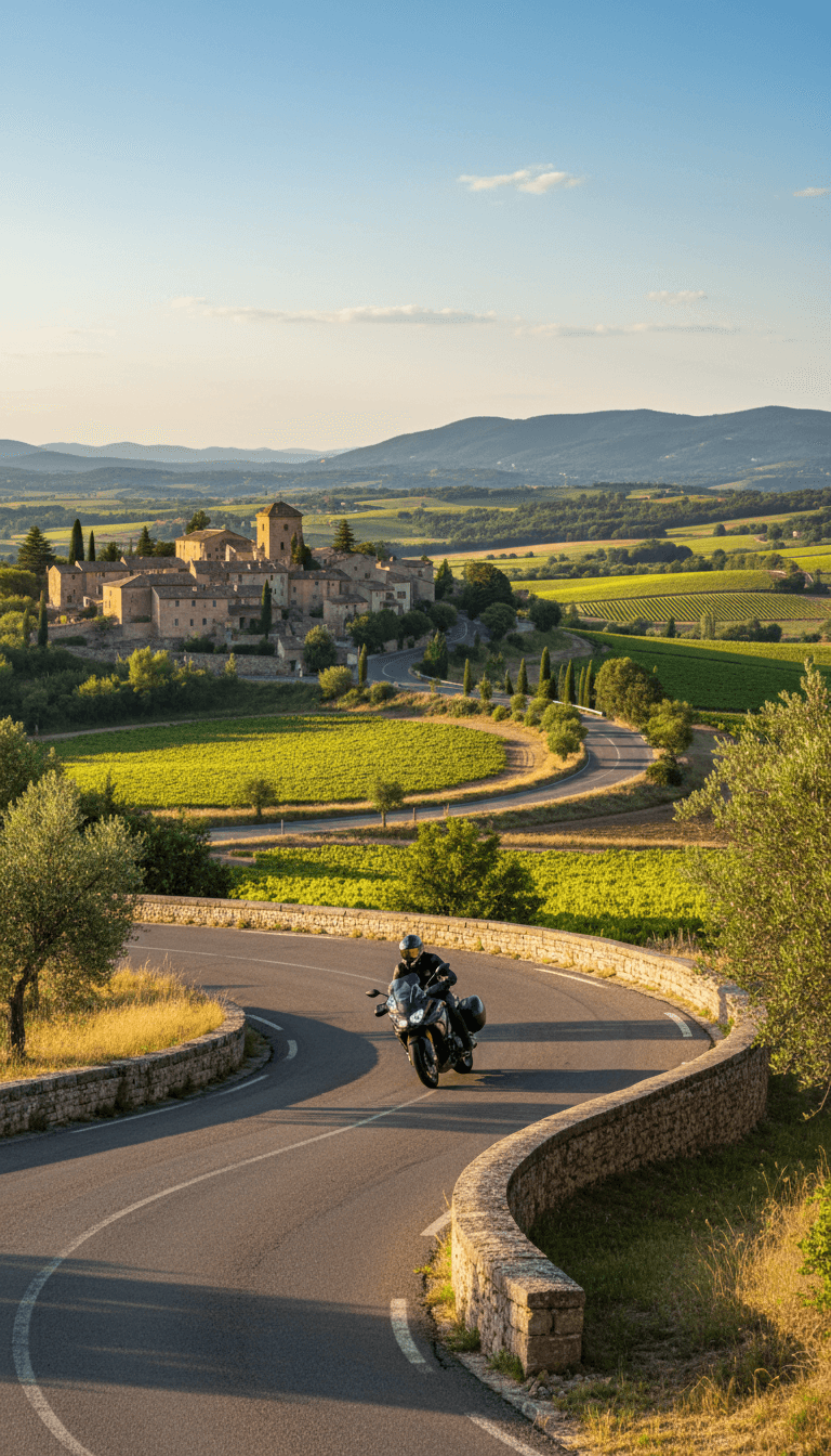 Motard sur une route sinueuse traversant les collines et villages de pierre du Périgord