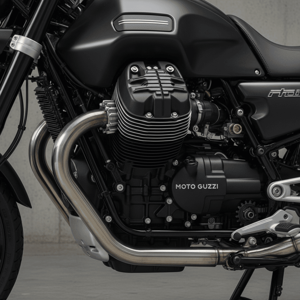 Gros plan du moteur V-twin transversal du Moto Guzzi V85 TT
