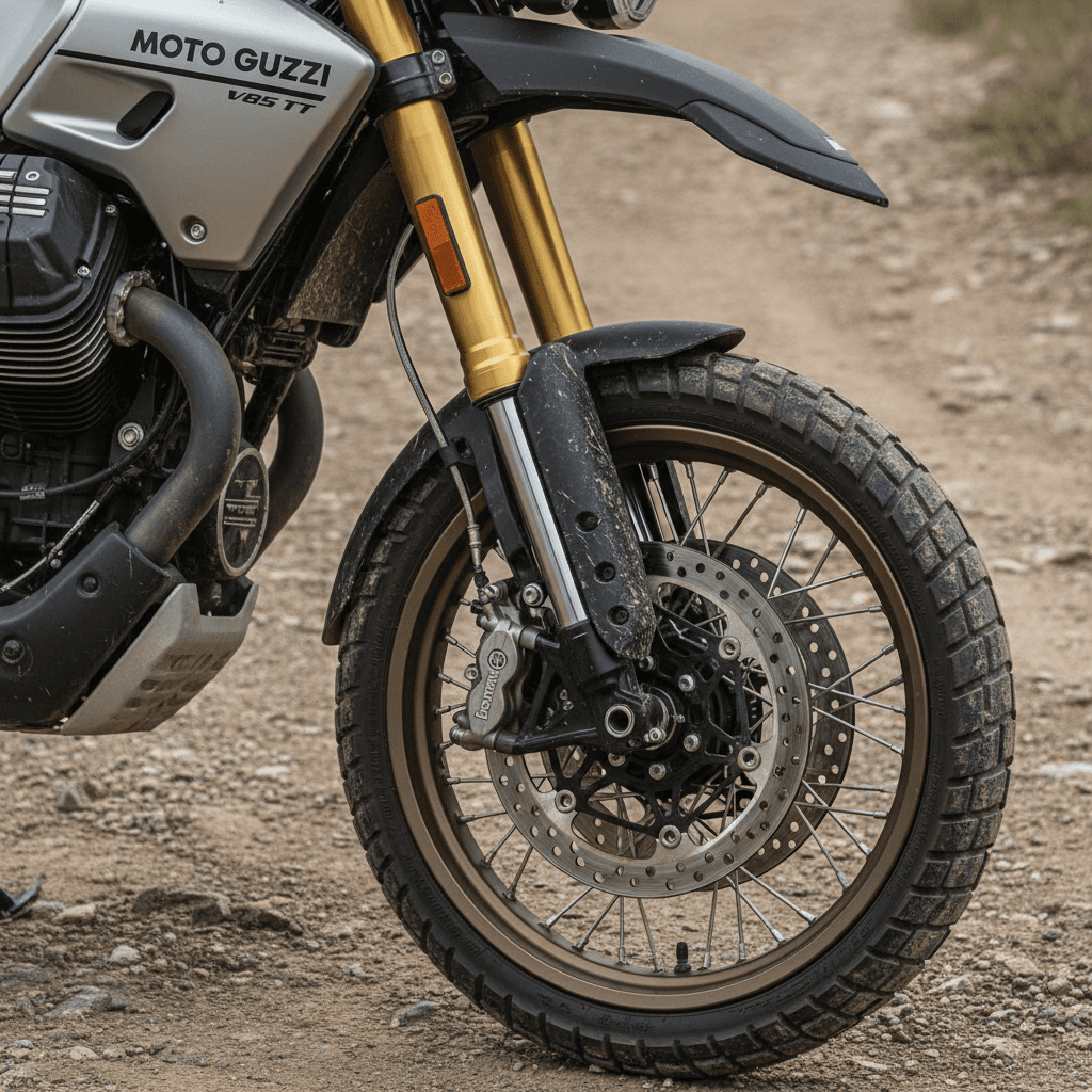 Détail de la fourche avant du Moto Guzzi V85 TT