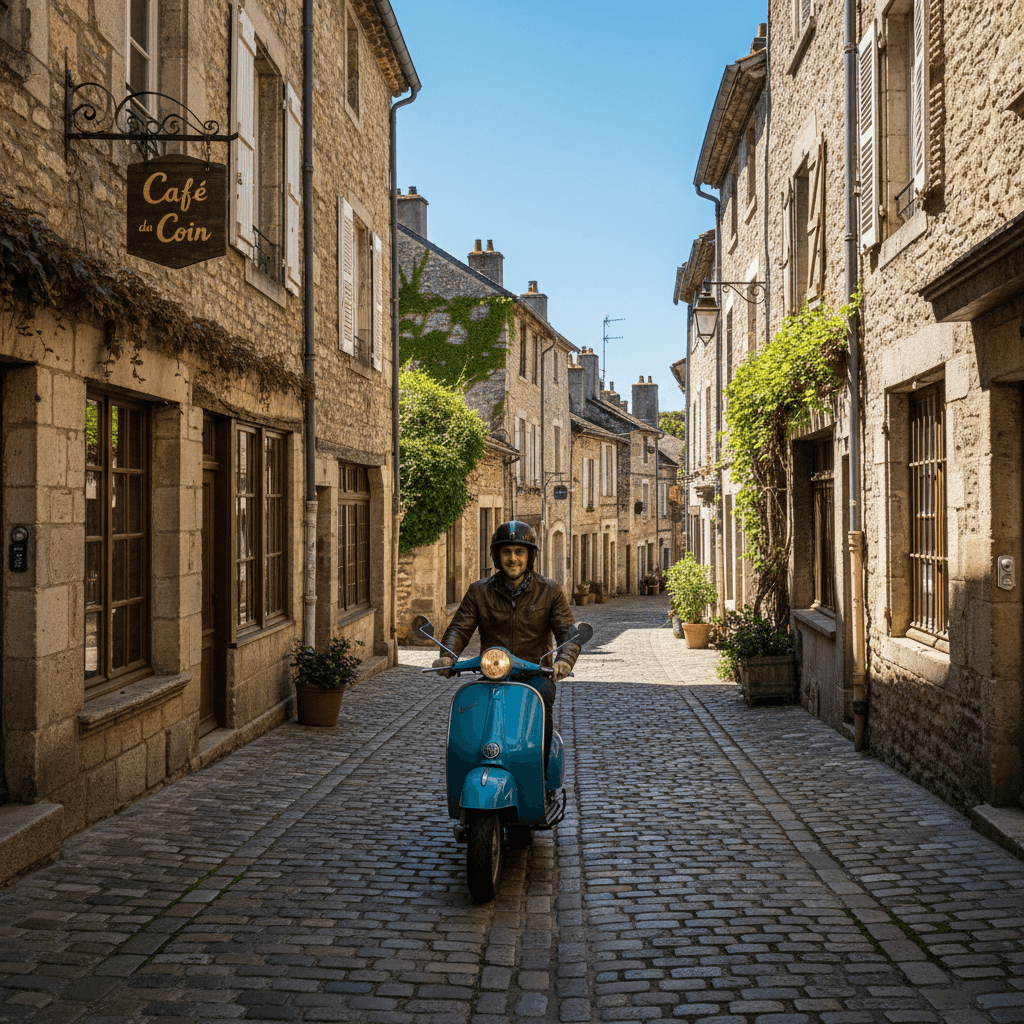Scooter bleu dans une rue pavée de Sarlat