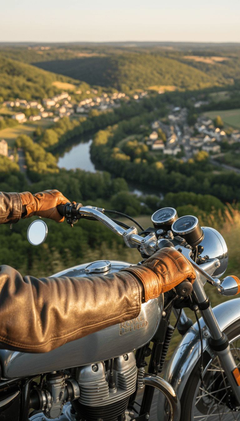Gros plan des mains d'un motard sur le guidon d'une moto classique
