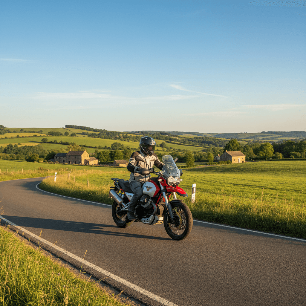 Pilote sur Moto Guzzi V85 TT adoptant une position de conduite droite sur une route de campagne