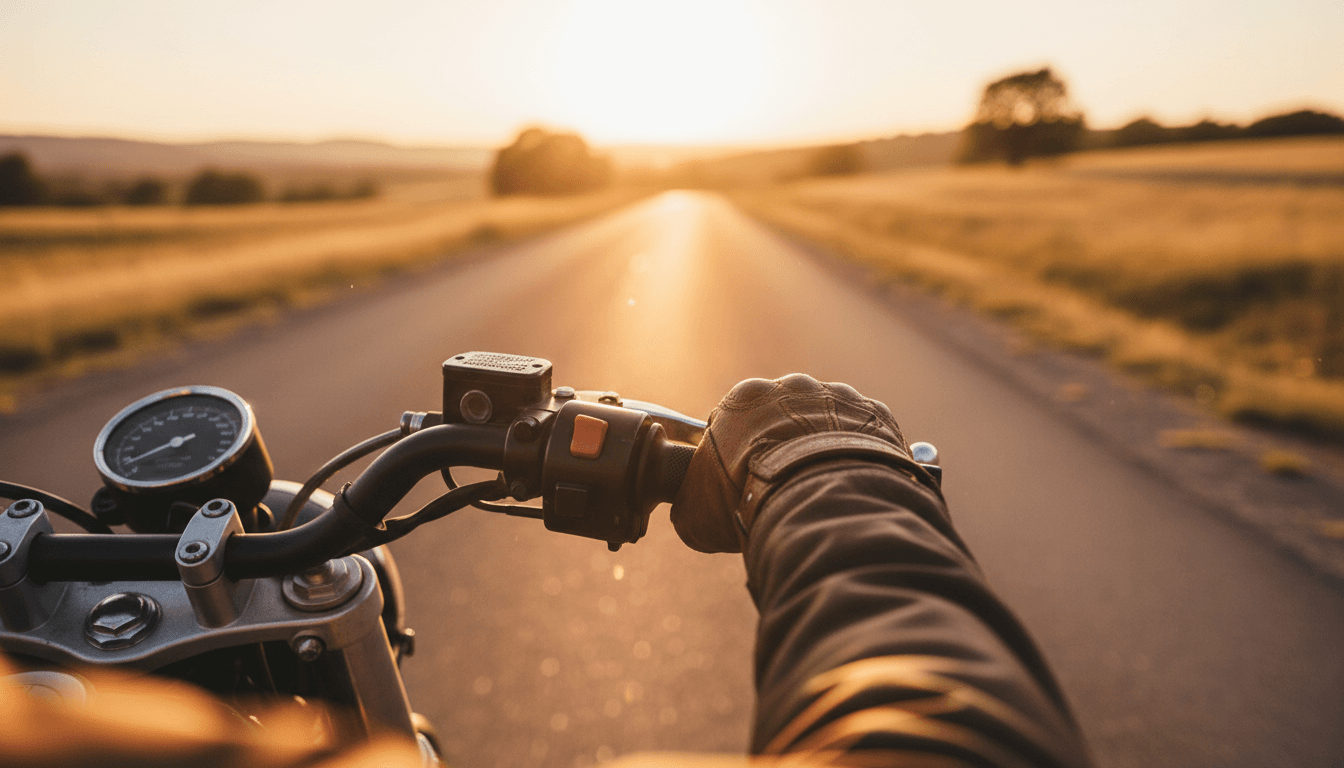 Motorcycle rider's gloved hands on handlebars during golden hour, blurred road and hills in background
